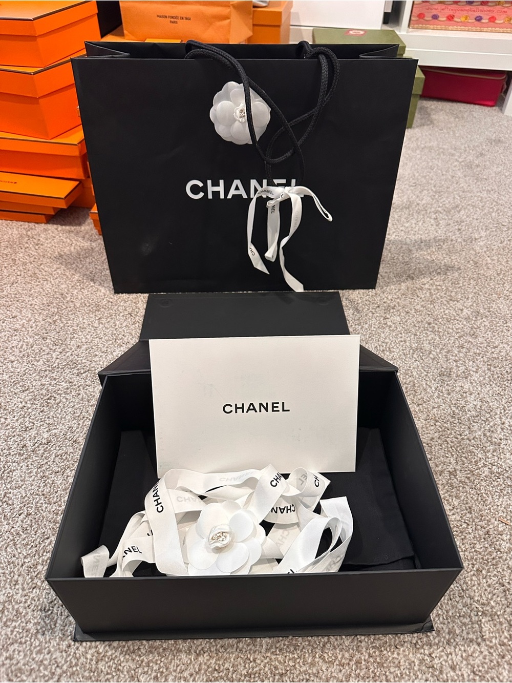 CHANEL Black & White Ribbon and tCamellia Gift Set for small to medium bag